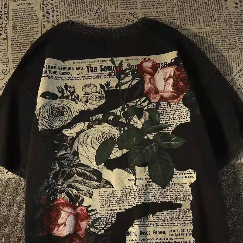 Vintage Fashion Instagram - American-style retro vintage newspaper rose short-sleeve