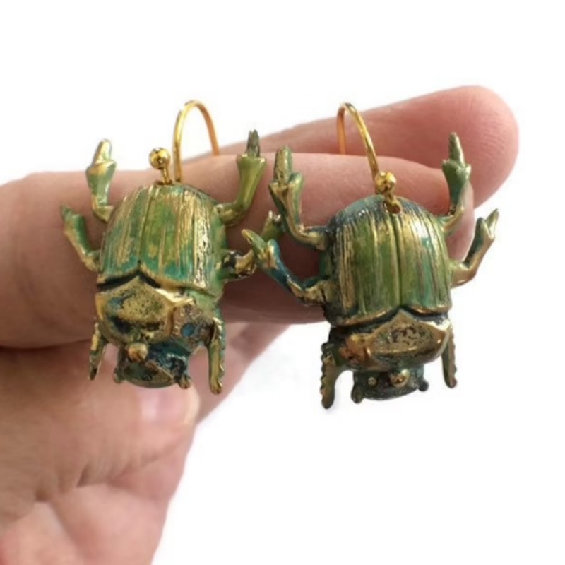 Vintage Fashion Bug - Vintage Patina Scarab Beetle Drop Earrings