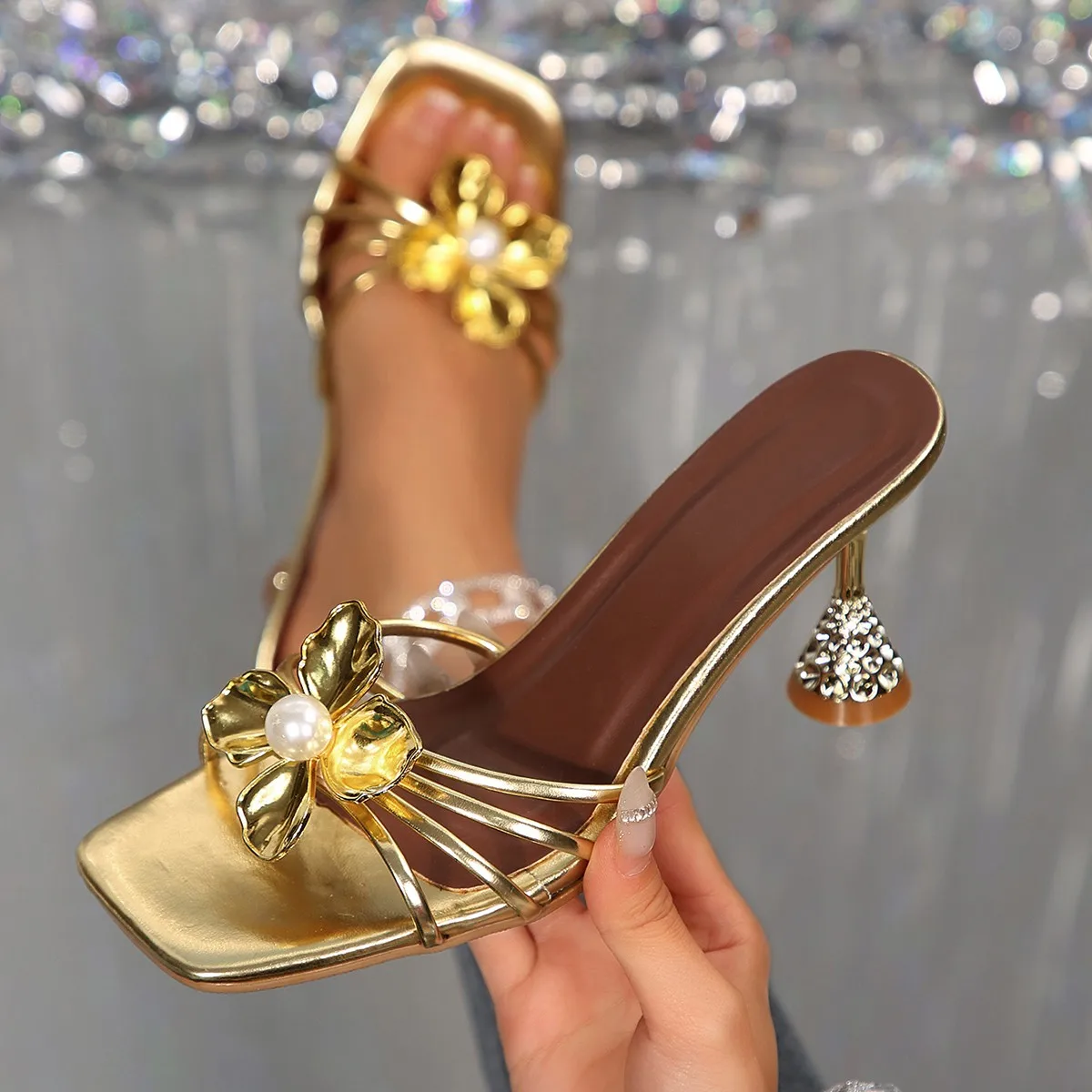 Vintage Fashion For Women - Vintage Metal Flower Crystal Cone Heel