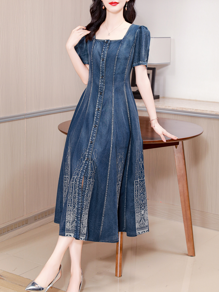 Vintage Fashion Women Dresses - TIYIHAILEY-Long Mid-Calf Short Sleeve Denim Dress,